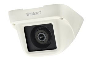Überwachungskamera von WISENET mit rechteckigem Gehäuse und abgerundeten Ecken, in weißer Farbe.