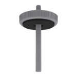 Ein grauer, zylindrischer Drehknopf mit geriffelter Oberfläche und darunter verlaufendem Gewindestift.