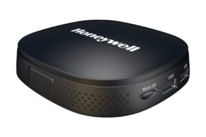 Ein schwarzes, quadratisches Honeywell-Gerät mit abgerundeten Ecken. Es verfügt über Anschlüsse für Micro SD, USB1 und USB2.