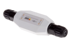 Ein weißer Outdoor PoE-Extender von AXIS Communications mit schwarzer Endkappe.