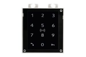 Eine schwarze numerische Tastatur mit Ziffern von 0 bis 9 und Symbolen für eine Klingel und ein Schloss.