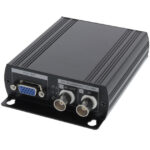 Ein schwarzes Metallgerät mit mehreren Anschlüssen, darunter VGA OUT und zwei runde Anschlüsse für HD-TVI/AHD/HDCVI/CVBS.