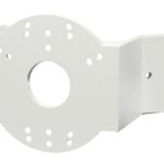 Weißer Metall-Halterungswinkel mit mehreren Bohrlöchern und einem großen zentralen Loch.