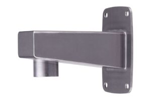 Metallische Wandhalterung mit rechteckigem Arm und runder Befestigung.