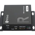 Ein HDMI-Receiver mit der Aufschrift "Neovo", einschließlich Anschlüssen für DC/5V, IR RX und HDMI-Ausgang.