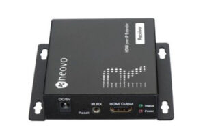 Ein HDMI-Receiver mit der Aufschrift "Neovo", einschließlich Anschlüssen für DC/5V, IR RX und HDMI-Ausgang.