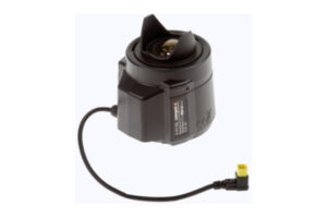 Eine schwarze Kameraobjektiv-Einheit mit Kabel und Stecker.