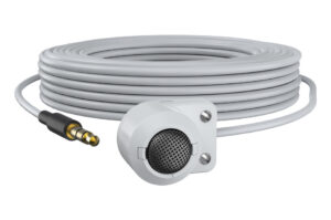 Weißes Flachbandmikrofon mit langem Kabel und 3,5-mm-Klinkenstecker.