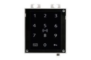 Ein numerisches Touchpad mit den Zahlen 0 bis 9 und einem Symbol für drahtlose Kommunikation, mit quadratischer Anordnung auf schwarzer Oberfläche.
