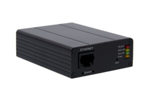 Ein schwarzes elektronisches Gerät mit Ethernet-Anschluss und mehreren LED-Anzeigen auf der Vorderseite, bezeichnet mit "PD-AUX", "Data-Link", "Join-Link" und "Power".
