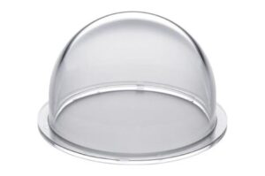Eine transparente Abdeckhaube aus Kunststoff auf einem flachen Teller.