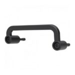 Ein schwarzer Türgriff mit zylindrischen Befestigungen und Schrauben.