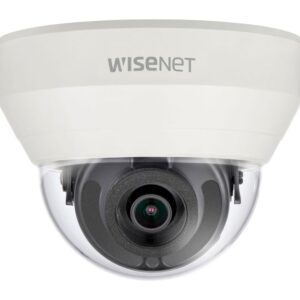Weiße, kuppelförmige Überwachungskamera von Wisenet.