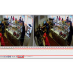 Ein Überwachungsbild zeigt zwei Kameraperspektiven in einem kleinen Imbissladen mit mehreren Personen.