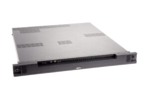 Ein flaches, schwarz-graues Rackmount-Servergerät mit Lüftungsschlitzen und Bedienelementen an der Vorderseite.