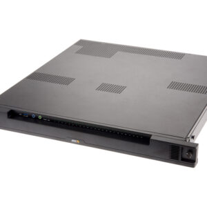 Ein flacher, schwarzer Rack-Server mit Lüftungsschlitzen und mehreren Anschlüssen an der Vorderseite.