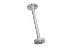 Ein silberfarbener Deckenträger für einen Discokugel-Motor mit runder Basis und einem langen, zylindrischen Schaft.