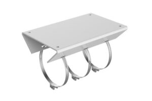 Ein Metallträger mit drei angebrachten Schlauchschellen.