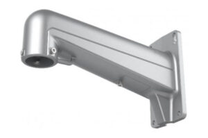 Silberne Wandhalterung in L-Form aus Metall, mit runder Basis und Flansch zur Befestigung.