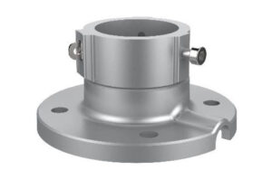 Metallische runde Flanschhalterung mit Schraubenlöchern und seitlicher Klemme.