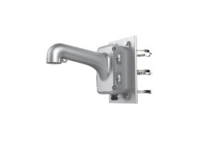 Silberne Wandhalterung mit einem gebogenen Arm und drei befestigten Klammern.