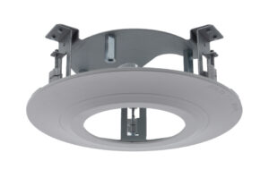 Einbaugehäuse für eine Deckenleuchte aus Metall mit einem weißen Rand und Befestigungsmechanismen.