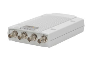 Ein weißes elektronisches Gerät mit vier koaxialen Anschlüssen an der Vorderseite.
