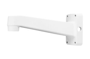 Ein weißer Kamera-Wandhalter aus Kunststoff mit rechteckiger Wandbefestigung.