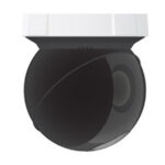 Eine schwarze, kugelförmige Überwachungskamera mit weißem Gehäuse.