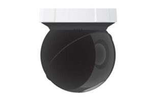 Eine schwarze, kugelförmige Überwachungskamera mit weißem Gehäuse.