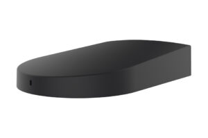 Schwarze, gebogene Fernbedienung mit abgerundeten Kanten.
