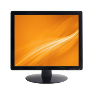 Ein quadratischer Monitor mit einem orangefarbenen Hintergrund auf einem weißen Hintergrund.