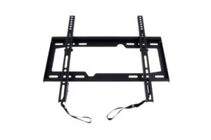 Eine schwarze TV-Wandhalterung aus Metall mit verstellbaren Schienen und Sicherheitsriemen.