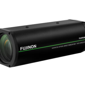 Schwarzes Fujifilm Fujinon Kameraobjektiv mit optischer Bildstabilisierung und High-Speed-Autofokus.
