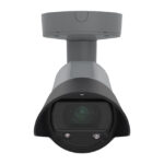 Eine graue Überwachungskamera mit runder Linse, frontal aufgenommen.