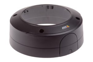 Ein schwarzer runder Adapterring mit dem Logo von "Axis Communications".