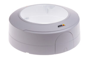 Ein weißer, runder Halter für eine Kamera von Axis Communications.