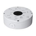 Weiße, runde Montagebox mit mehreren Schraublöchern und schwarzem Zentrum.