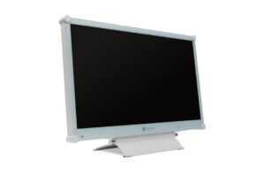 Ein weißer Flachbildschirm-Monitor der Marke Neovo auf einem Standfuß.