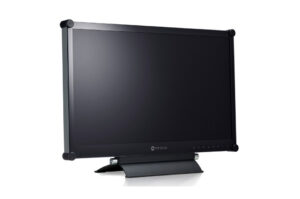 Ein schwarzer LCD-Monitor von neovo mit rechteckigem Bildschirm und stabilem Standfuß.
