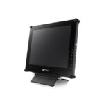 Ein schwarzer Neovo-Monitor mit einem stabilen Standfuß, seitlich dargestellt.