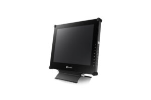 Ein schwarzer Neovo-Monitor mit einem stabilen Standfuß, seitlich dargestellt.