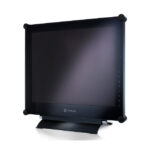 Ein schwarzer Neovo-Monitor mit rechteckigem Bildschirm und einem stabilen Sockel.