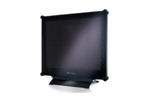 Ein schwarzer Neovo-Monitor mit rechteckigem Bildschirm und einem stabilen Sockel.