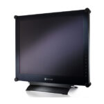 Ein schwarzer Neovo-Monitor mit rechteckigem Bildschirm und hervorgehobenen Ecken, seitlich abgebildet.