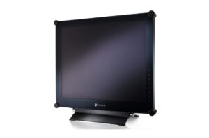 Ein schwarzer Neovo-Monitor mit rechteckigem Bildschirm und hervorgehobenen Ecken, seitlich abgebildet.