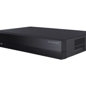 Schwarzer digitaler Videorekorder der Marke Wisenet in leichtem Winkel von der Seite gesehen.