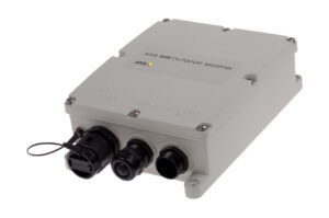 Ein weißes, rechteckiges Gerät mit der Aufschrift "AXIS 30W OUTDOOR MIDSPAN" und mehreren Anschlüssen an der Unterseite.