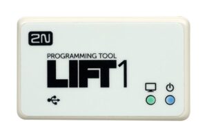 Ein rechteckiges elektronisches Gerät mit der Aufschrift "2N PROGRAMMING TOOL LIFT1" und Symbolen für USB, Computer und Einschaltknopf.