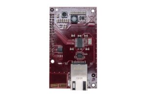 Leiterplatte mit elektronischen Bauteilen und einem Ethernet-Anschluss.